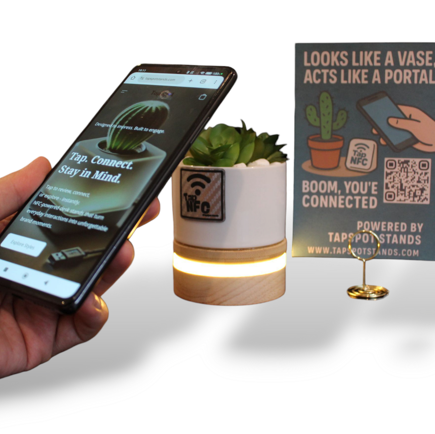 TapSpot Aura – NFC Smart Cactus Stand with USB Glowing Base