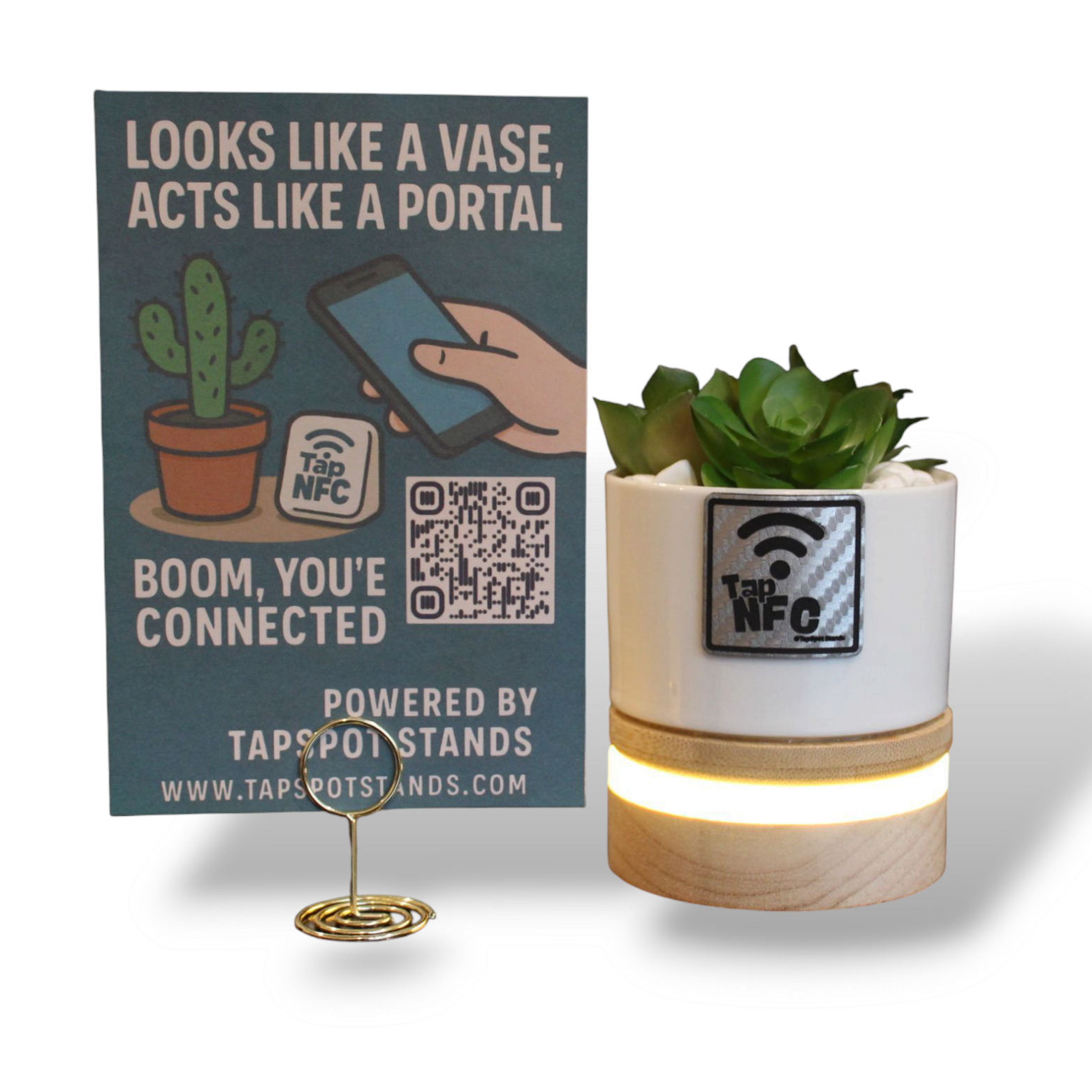 TapSpot Aura – NFC Smart Cactus Stand with USB Glowing Base
