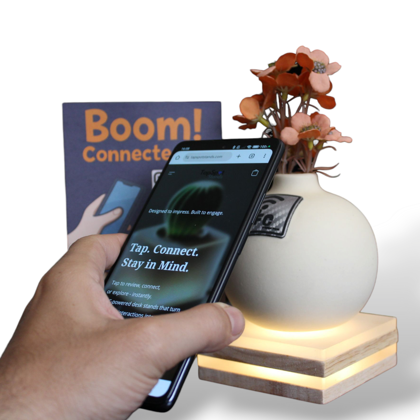 TapSpot Pod – NFC Smart Vase Stand with Glowing Base